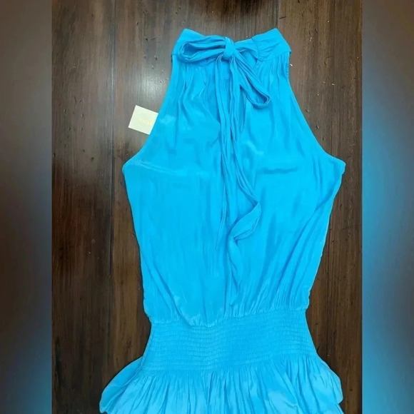 Ramy Brook Hudson Dress Size Small Tropical Blue Halter Tie Top Tiered Ruffle - Picture 10 of 12